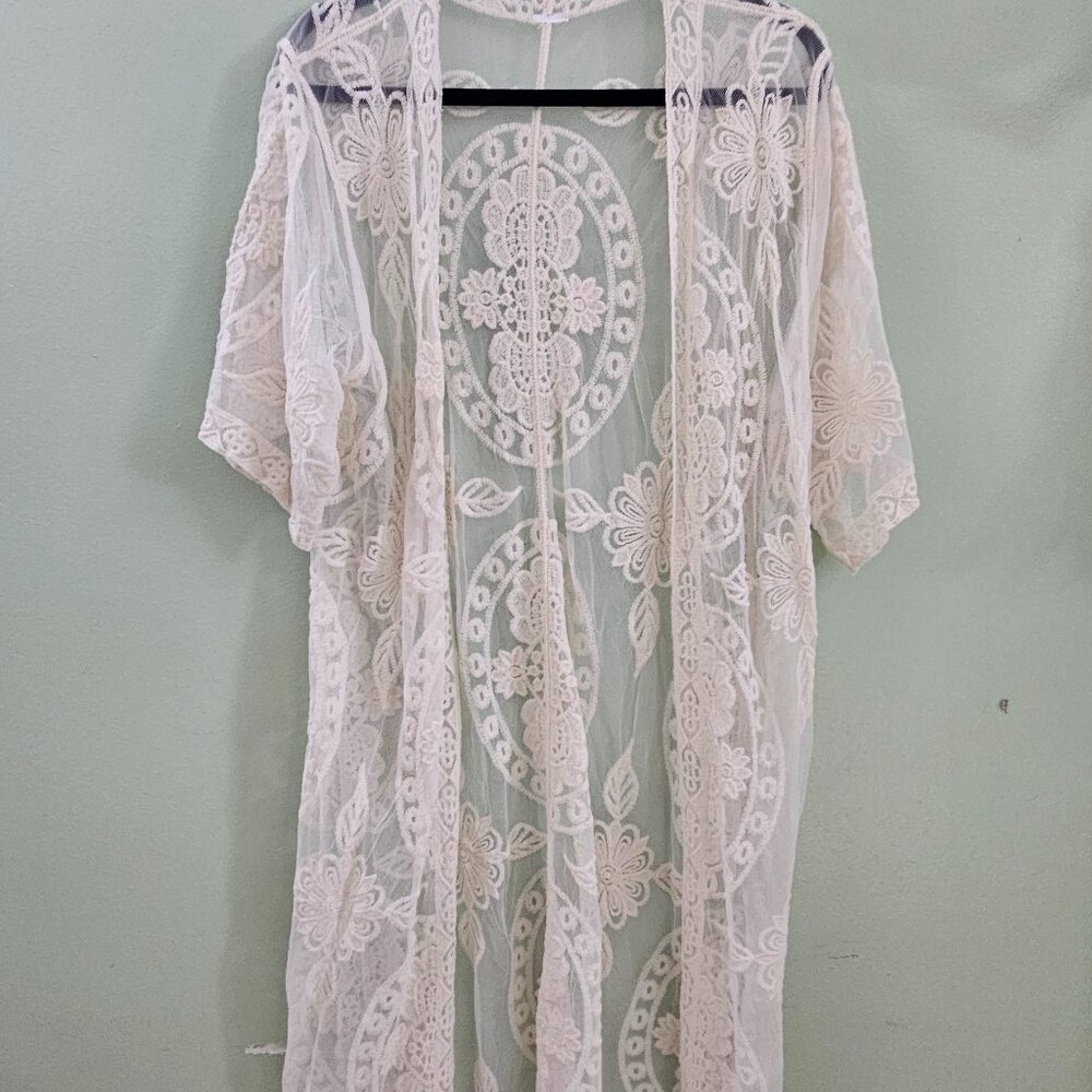 Boho Sheer Embroidered Lace Kimono Cardigan Duster OS Beach coverup Cottagecore